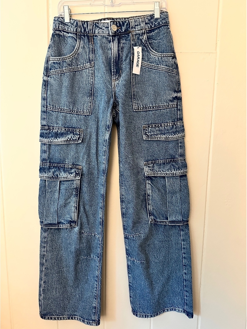 NWT Garage 100% Cotton Rigid Denim Multi Pocket Y2K Med Wash Cargo Jeans Size 26